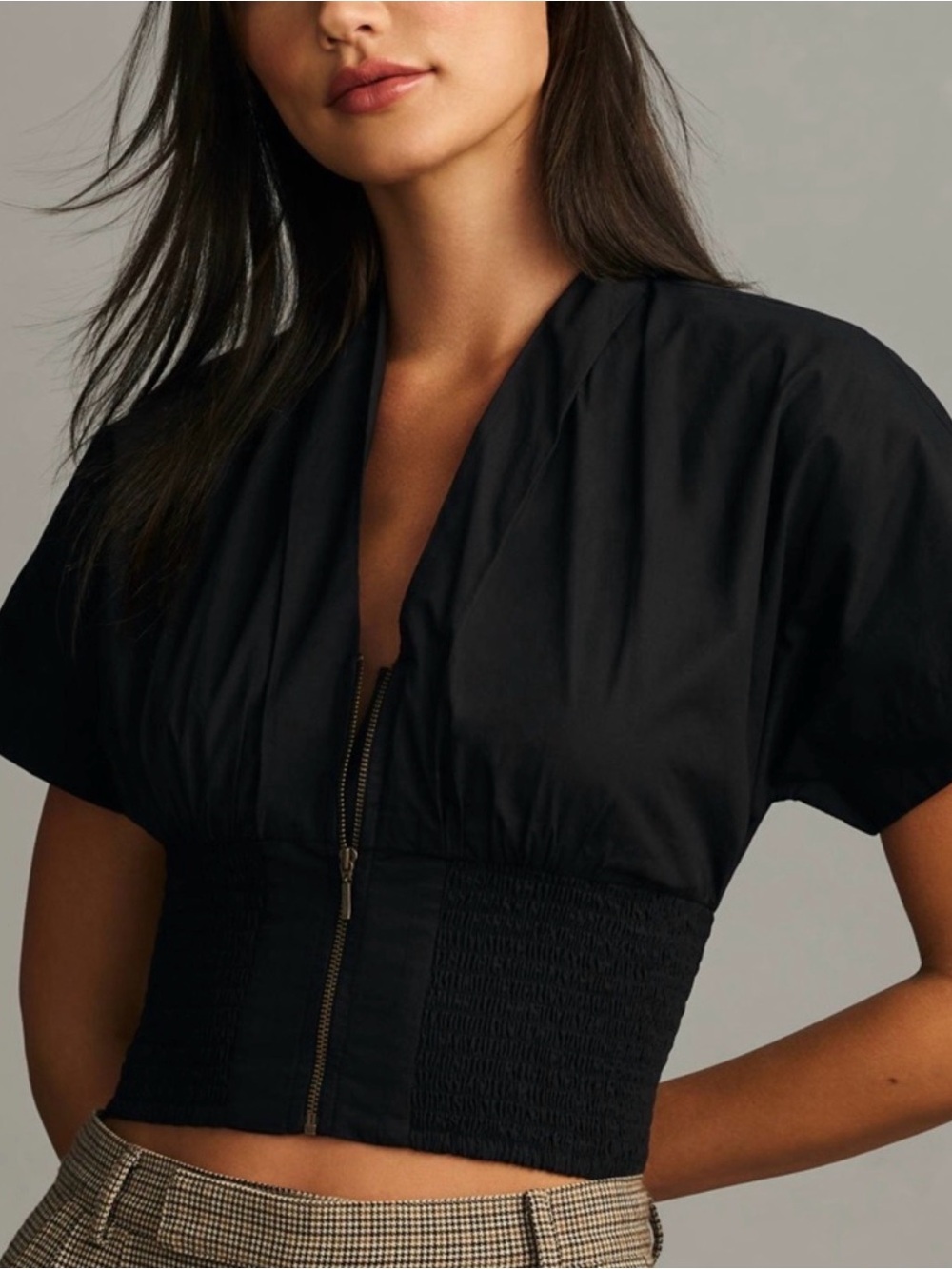 Anthropologie Maeve Short-Sleeve Zip-Front Blouse